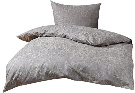 Bettwaesche-mit-Stil Mako Satin Damast Paisley Bettwäsche Garnitur Davos 135x200 + 80x80 hell grün - grau