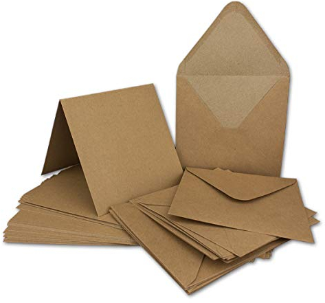 20 Klapp-Karten Set Quadratisch Vintage Braun Recycling - 13,5x13,5 cm - 220 g/m² mit Brief-Umschlägen quadratisch - 14x14 cm - 90 g/m² Nassklebung