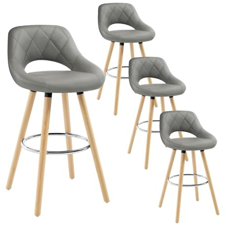 WOLTU Tabouret Bar, Lot de 4, Chaise Haute Bar, Tabouret Haut avec Dossier et Repose-Pieds, Cadre en Bois, Siège en Similicuir, Gris, BH111gr-4