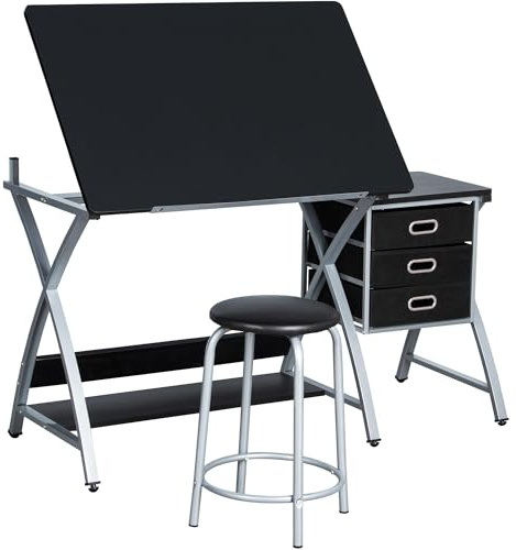 costoffs Drawing Table Height Adjustable 3 Drawers PU Stool Black+Silver