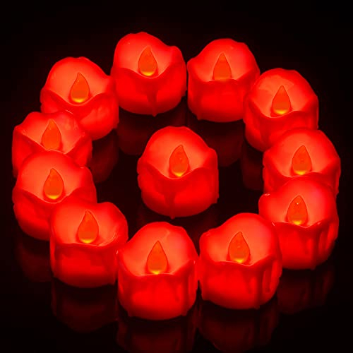 PChero LED Red Tea Lights Candles with Timer, 12 Pack LED Flameless Battery Tealight Fake Candles Flickering for Wedding Christmas Table Decorations Home Room Decor