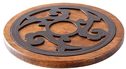 Salvamanteles de Madera y Metal, Madera Maciza, Redondo, diámetro de 20 cm,, Resistente al Calor, para ollas Calientes, sartenes, Fuentes de Horno, Adecuado para la Cocina y el Comedor