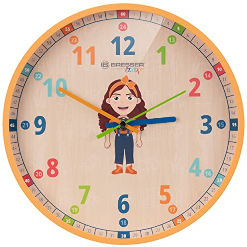 Bresser Junior Kinder-Wanduhr - lautlos - mit Flora, Luna oder Lukas Family auf dem farbenfrohen 25-cm-Ziffernblatt, Orange