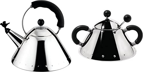 Alessi 9093 B Bollitore con Manico e Fischietto a Uccellino di Design in Acciaio Inox, Nero & 9097 B Zuccheriera con Cucchiaino in Acciaio Inossidabile 18/10 Lucido, Manici e Pomolo in PA, Nero