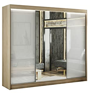 ALTDECOR Kleiderschrank mit Spiegel und Schiebetüren, kugelgelagerte Führungsschienen und Aluminium-Leisten, LED-Beleuchtung (16 Farben) und Fernbedienung - VESLI - 250 cm Sonoma/Lacobel Weiß