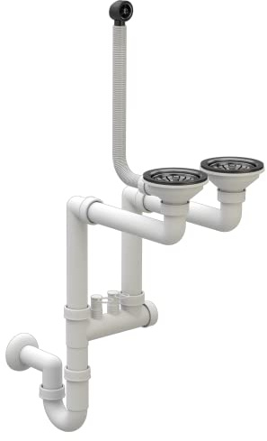 Granitan Platzsparendes Küchenspülen Siphon, Küchenspülenablauf | Set mit Anschluss Geschirrspülmaschine, ø 115 mm/3,5 Zoll, Ablaufgarnitur für 2 Becken, Schwarz, Klassisch