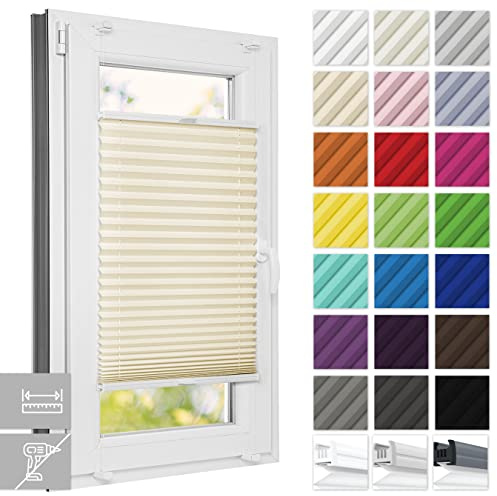 Estika Custom Plissee ohne Bohren - Premium Kollektion 23 Stofffarben - Breite 30-129 cm, Höhe 150-230 cm - Klemmfix 8 bis 28 mm - Schnelle und einfache Montage - Rollos für Fenster