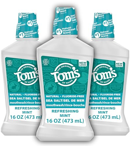 Tom's of Maine Sea Salt Natural Alcohol-Free Mouthwash, Refreshing Mint, 16 Fl Oz (Pack of 3)