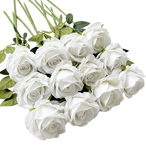 Ukeler Künstliche weiße Rosen, 12 Stück Blüten-Rosen, echte Berührung, Seide, künstliche Rosen mit Stiel, Rosensträuße für Heimdekoration, Hochzeit, Party, Garten, florale Rosen, Dekoration
