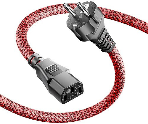 RIKSOIN Nätkabel 3-polig, IEC-kabel 2 m nylonfläta universell strömkabel (CEE 7/7 till IEC60320 C13 IEC-kontakt rak med VDE för bildskärmar, PC, skrivare, PS3/PS4 PRO, skanner, TV, skärm