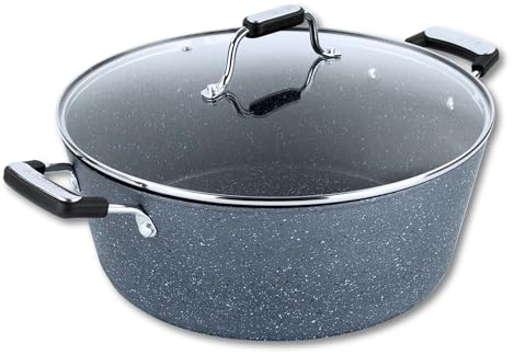Scoville Expert Neverstick+ 32cm Stock Pot with Glass Lid, Large Non-Stick Stock Pot, 8L Capacity, Suitable for All Hobs, Ergonomic Handles, Deep Cooking Pot, PFOA Free, Aluminium, Grey