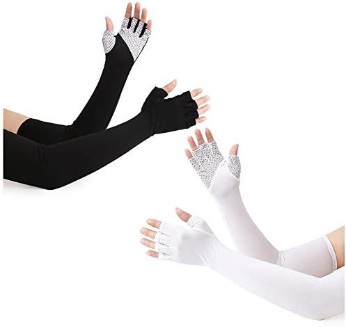 BYNYXI 2 Paar Fingerlose Armstulpen Sommer, Elastisch Handschuhe Lange Armschutz UV Schutz Armlinge Damen Herren Kühlung Armstulpen Ellenbogenlange Handschuhe für Outdoor Reiten Wandern Laufen