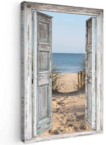 MuchoWow© Leinwand Groß XXL Deko Schlafzimmer Aesthetic Leinwandbilder | 80x120 cm - Wohnzimmer Gemälde Foto Geschenk Living Room Decoration Düne - Strand - Fensterblick - Sommer