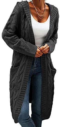 GeGekoko Cardigan da Donna con Cappuccio, Manica Lunga, Cardigan in Maglia Grossa, Aperto sul Davanti, Maglione Casual Autunnale e Invernale con Tasche, Grigio Scuro, XL