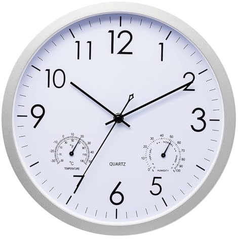 Colexy Horloge Murale Radio-pilotée, avec Thermomètre Et Hygromètre, Cadre en Acier Inoxydable, Horloge Murale Design Moderne, Pendule Murale Aluminium pour Salon/Cuisine/Bureau, Blanc