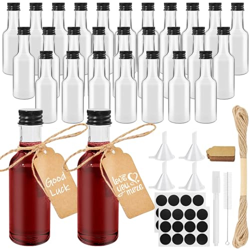 Furuising 28 Stück 50ML Plastik Shot Flaschen zum Befüllen, Mini Flaschen zum Befüllen, Wiederverwendbar Schnapsflaschen zum Befüllen mit Deckel Stift, Anhänger, Trichter für Hochzeiten Party