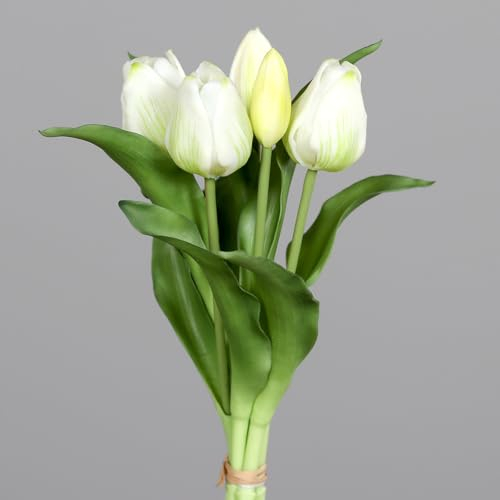 Seidenblumen Roß Tulpenbund Nature Real Touch 32x20cm mit 5 Blüten DP Kunstblumen künstliche Blumen Tulpen (Weiß)