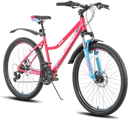 HILAND VTT Vélo de Montagne Vélo Tout Terrain 26 Pouces pour Femme et Fille 21 Vitesses avec Suspension Fourche Cadre en Acier Frein à Disque et Garde-Boue Vert Menthe/Rose