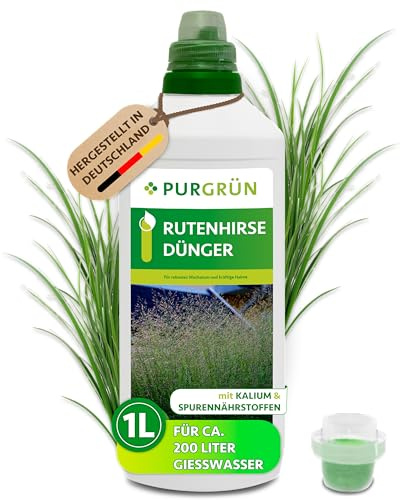 Purgrün® Rutenhirse-Dünger 1 Liter – Spurennährstoffe für dichtes Wachstum – Extra Kalium fördert die Widerstandskraft – Ergiebiges Konzentrat für 200 Liter Gießwasser – Premium-Flüssigdünger