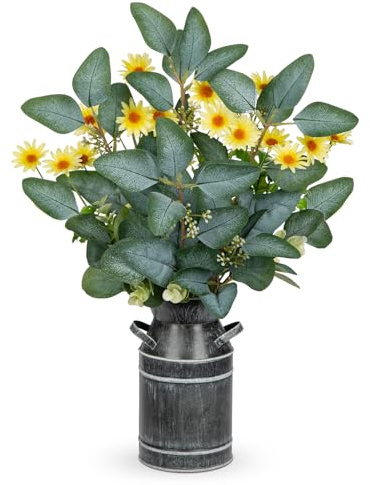Hollyone Kunstpflanze Eukalyptus in Rustikalen Metall Vase, 45cm Zimmerpflanzen Künstliche Eukalyptus mit Daisy Dekopflanzen für Bauernhof Haus Hochzeit Tisch Centerpiece Deko