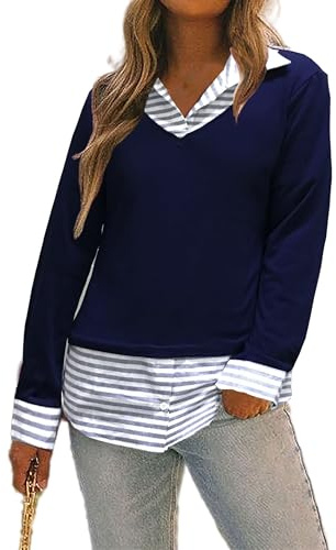 Oyamiki T-shirt à manches longues pour femme - En coton - Avec col de chemise - Tricot - Col en V - Décontracté et élégant - Pour l'automne et l'hiver, Rayures bleu marine, XL