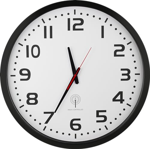 Eurotime Funkwanduhr, 50 cm, Schwarz, Aluminium, Echtglas, klares 12-Zahlen-Zifferblatt, automatische Zeitein- und Zeitumstellung, für Wohnbereich oder Büro, wandanliegend, nur für Innen, 56863-05