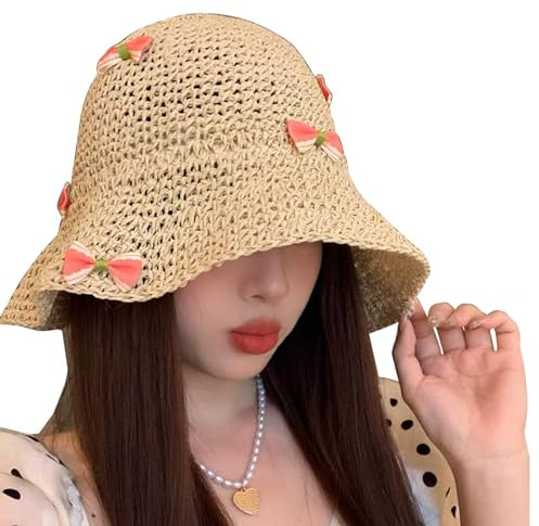 Maxtonser Gestrickter Fischerhut für Damen, Strandausflüge, Strohhut/Schleife, Aufkleber, Schlapphut, Schleife, Beige