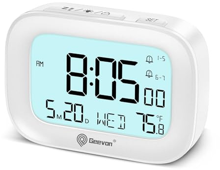 Geevon Small Travel Alarm Clock, Digital Alarm Clocks for Bedrooms Home Office, Battery Operated Desk Clock with 3 Inch Large Display, 2 Alarms, 5s Backlight, Snooze, Indoor Temperature, White