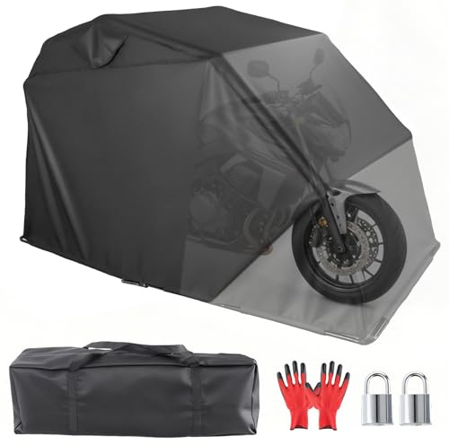 Motorcycle Cover Shelter Storage, 110 x 47 x 63, with Lock & Carry Bag, Heavy Duty 600D Oxford Vehicle Shed Cover Garage Tent with 2 Roll-Up Side Windows - Black