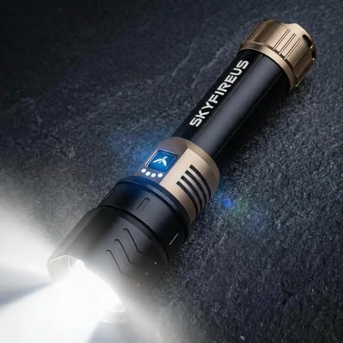 SKYFIRE LED Taschenlampe Aufladbar 5000 Lumen,Extrem Helle Taktische Taschenlampe mit Feuerzündungs-Linse,Zoombar USB Wiederaufladbare Taschenlampe,Wasserdicht für Camping Outdoor-Schwarz-Gold