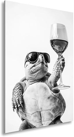 deyoli Leinwandbild Wein & Coolness – Schildkröte erhebt ihr Glas mit Stil. Format: 120x80cm Effekt: Schwarz&Weiß XXL Kunstdruck Bild auf Keilrahmen/Wandbild/Wohnzimmer Dekoration