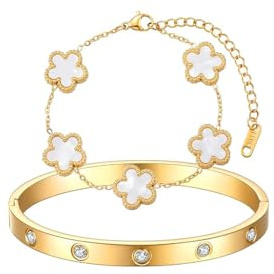 Gkaopi 2 Stück 18K Vergoldet Vierblättriges Kleeblatt Armband Gold Edelstahl Cubic Zirkonia Kleeblatt Armreif Schmuckset Verstellbare Glücksklee Schmuckset für Damen und Mädchen