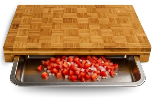 Schneidebrett Holz mit Auffangschale – Großes Premium Bambus Schneidbrett – Frankfurter Brett–(40x30x6cm) Holzbrett mit Auffangschale aus Edelstahl-Einweihungsgeschenk Haus/Wohnung