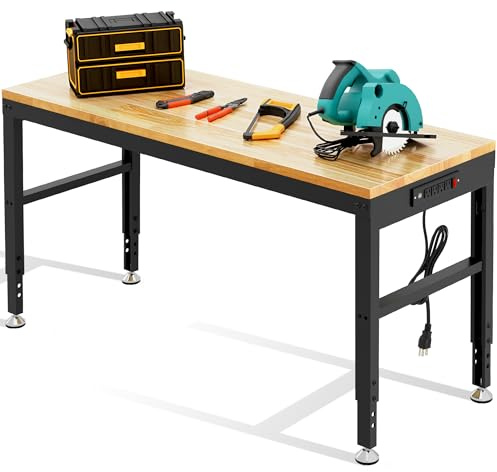Heavy Duty Workbench 1800 Lbs Capacity Solid Wood Working Bench Adjustable Height Work Tables with Power Outlets for Garage Shop Home Office (60x22)