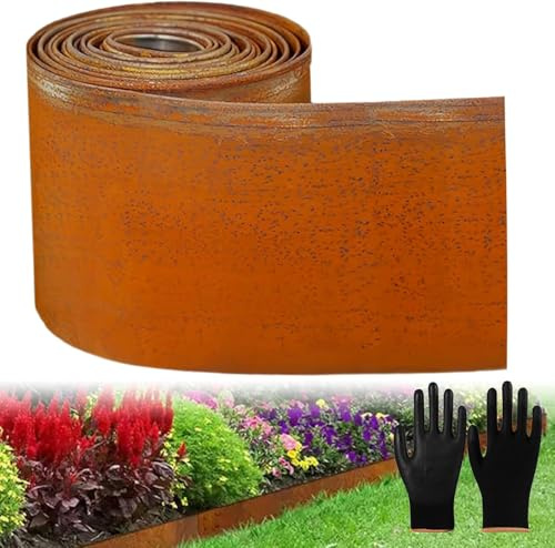 10m x 14.5cm hoch Rasenkante aus Metall,Cortenstahl Rasenkante Rostoptik,Beetumrandung für DIY Lawn,Mähkante Beeteinfassung mit 1 Paar Handschuhe,Rasenkante verzinkt Metall für Garten