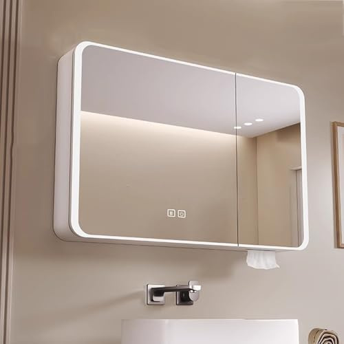 Espejo de baño LED con sensor táctil, 3 colores de luz ajustables, función antivaho, 3 puertas, espejo de tocador de aluminio blanco con iluminación para baños modernos