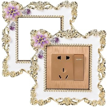 Light Switch Cover, Light Switch Surround, Gold Decorative Switch Cover Plate DWUENT European Style Decorative Floral Embossed Design, 2PCS, 15x15cm, Gold & Purple