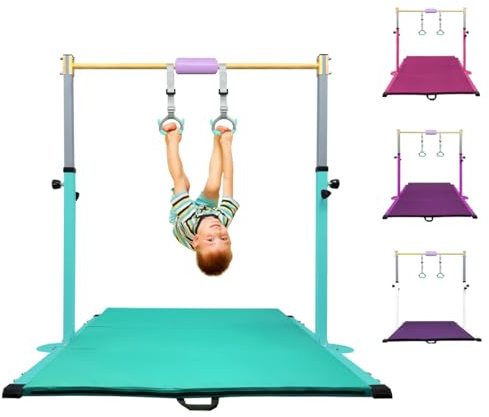 HomeSun Gymnastikstange für Kinder Robuste Kip Bar mit Ringen horizontale Turnreck für Heimtraining Höhenverstellbar 90-150cm Trainingsgerät bis 100 kg Alter 3-15 (Reck mit Matte, Türkis)