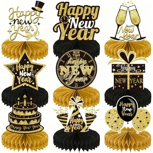 Nymora 9er Set Silvester Deko 2026 Schwarz Gold Tischdekoration Bienenwabe Mittelstück - Papier Bienenwaben Deko für Happy New Year 2026 Neujahr Tischdeko Tischaufsätze