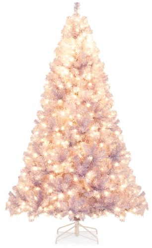 COSTWAY 225 cm Künstlicher Weihnachtsbaum mit Beleuchtung, Tannenbaum mit warmweißen LED-Lichtern, 8 Modi & Metallständer, Christbaum, Kunstbaum Weihnachten für Zuhause (Lavendelviolett)