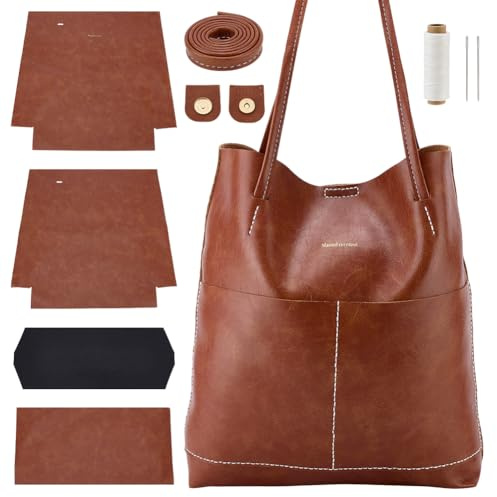 WEBEEDY DIY Tragetaschen Set Handgefertigtes PU Leder Taschen Nähset Mit Anleitung Strick Und Häkelmaterialien Sets Für Geburtstag Weihnachten Handgemachtes Geschenk 32x34x10cm (Braune)