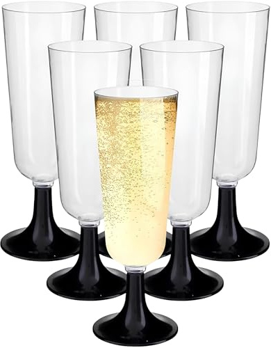 Ichigo Ichie 50 Copas de Champán de Plástico Duro con Pie Negro, Copas de Cava Flauta Reutilizables para Brindis, Cócteles y Postres, Ideal para Bodas, Cumpleaños y Celebraciones