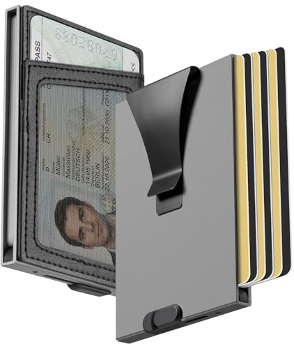Metall Kartenetui Herren mit Geldklammer – Pop-Up Kreditkartenetui RFID Schutz, Slim Geldbörse / Portmonee Herren, Kartenhalter für 6 Karten, 10 Geldscheine & 1 Ausweis, Minimalistisches Wallet Grau