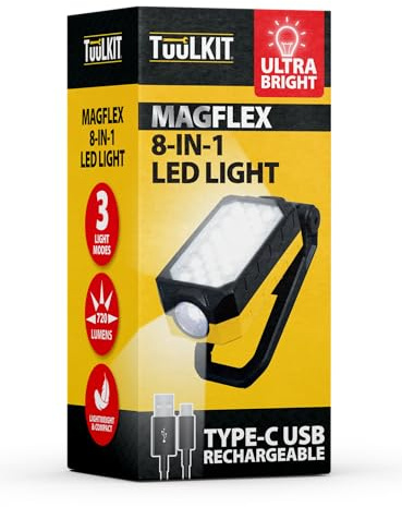 TUULKIT MagFlex 8-in-1 Rechargeable LED Work Light, Ultra Bright Inspection Torch with Magnetic Base, Hook & Stand, USB-C Rechargeable, 3 Light Modes for Garage, Workshop & Camping