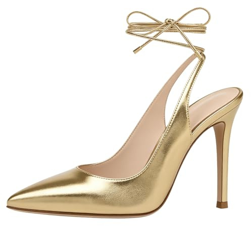 Generico Décolleté Donna Tacco Alto Stiletto Sandali con Lacci Avvolgenti Scarpe Eleganti Matrimonio Festa Cerimonia Ballo Donna,d'oro,34 EU