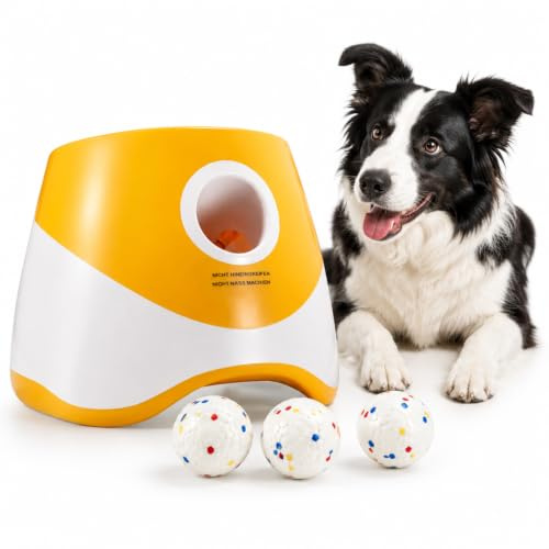 Vlocky Ballwurfmaschine Hunde, Automatischer Ballwerfer Hund mit 3 Tennisball, 3 Wurfdistanzen (6/10/14m), Interaktives Hundespielzeug für Indoor und Outdoor