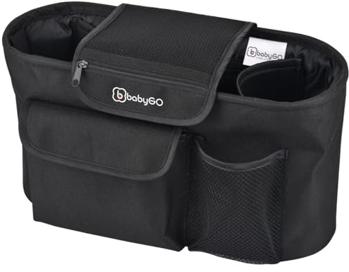 BABYGO Kinderwagen Organizer Buggy - Kinderwagentasche mit Getränkehalter - ideal geeignet als Aufbewahrungstasche/Wickeltasche - Kinderwagenbefestigung Organizer Schwarz