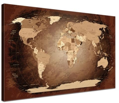 Stilvolle Pinnwand Weltkarte - Antik - Englisch in 200 x 130 cm, stabile Rückwand zum Pinnen inkl. Starterkit - Leinwand-Kunstdruck Wandbild Landkarte XXL