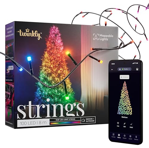 Twinkly Strings 100 LED RGB, LED-Lichterkette für Draußen und Drinnen, Smarte LED-Lichter, Kompatibel mit Alexa und Google Home, IP44, App-Steuerung, Schwarzes Kabel, 8m