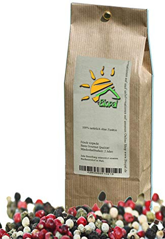 1 Kg Bunter Pfeffer ganz mit 6% Rosa Spitzenqualität aus 4 Sorten Pfeffer, Aromatischer Schwarzer, Weißer, Rosa und Grüner Pfeffer von Biopal®.